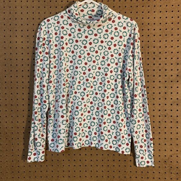 VTG Christmas Sweater Ashley Turtleneck XL Poinsettia White 90s Mom Ivy Wreath - Picture 1 of 4